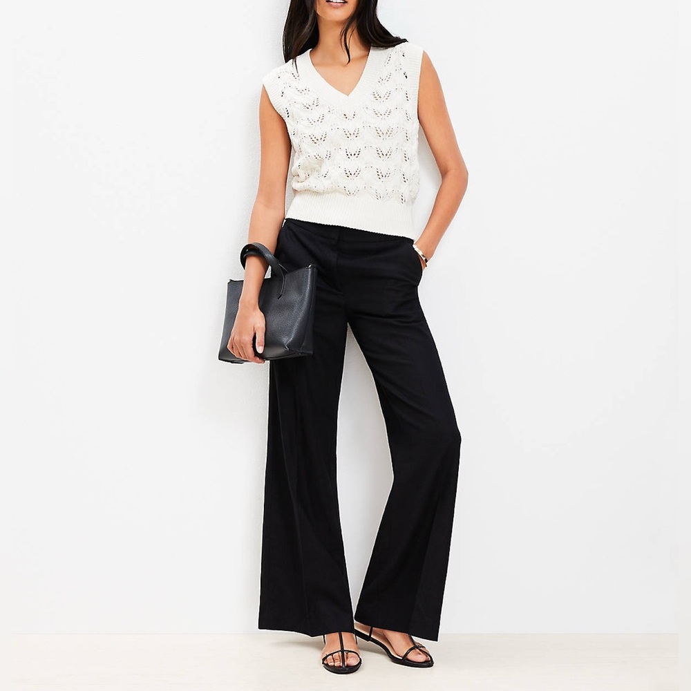 LOFT Black Wide-Leg Women's Pants Marisa Linen Cute Comfy Professional